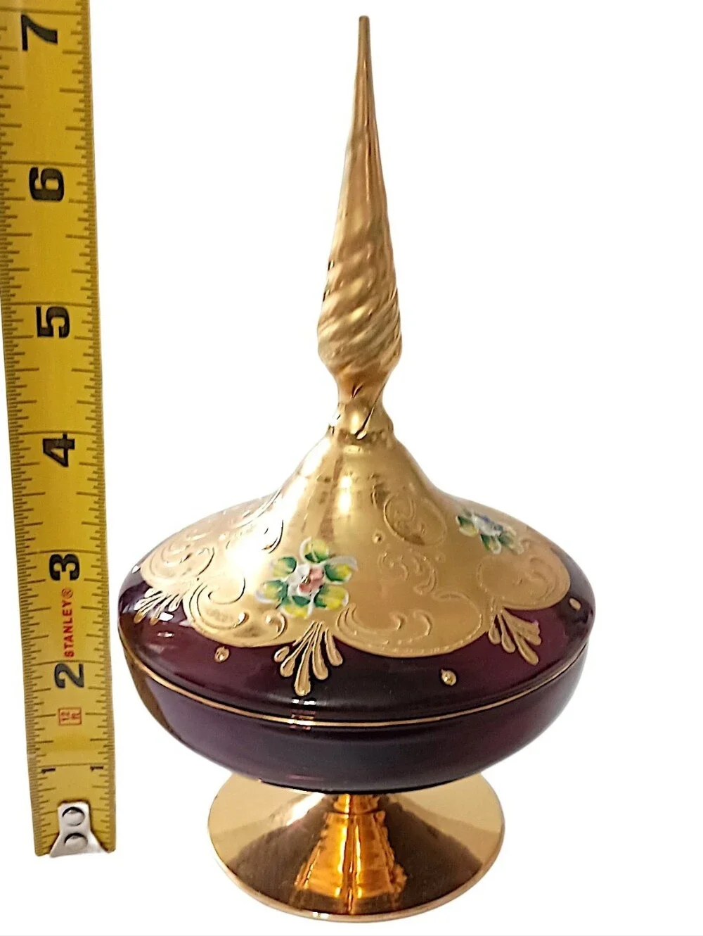 Vtg Amethyst Glass Trinket Dish Pedestal Finial Lid Vanity Gold Gilt Candy Jar
